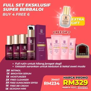2x Retinol Serum + 1x Brighten Serum + 1x Hydra Moisturizer 50ml + 1x Free BB Cream + 2x Free Cleanser TP + 2x Free Sunscreen TP + 1x Free Sejadah Mini