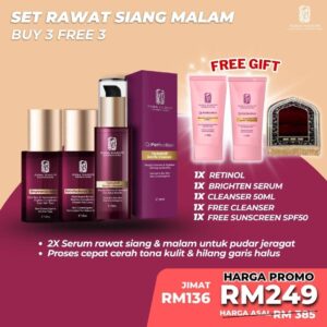 1x Retinol Serum + 1x Brighten Serum + 1x Hydra Cleanser 50ml + 1x Free Cleanser TP + 1x Free Sunscreen TP + Sejadah Mini Travel