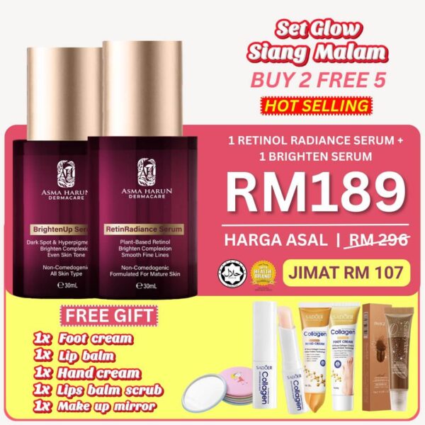 1 Retinol + 1 Brighten serum + Free 1 Foot cream + Free 1 Lip balm + Free 1 Hand cream + Free 1 Lips balm scrub + Free 1 Make up mirror