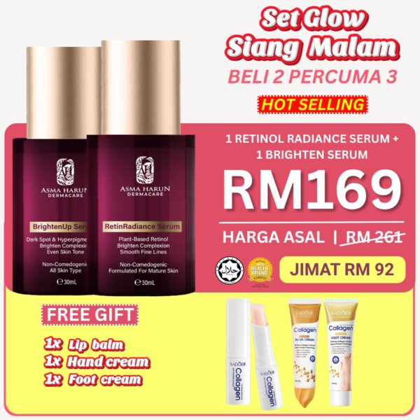1 Retinol + 1 Brighten serum + Free 1 Lip balm + Free 1 Hand cream + Free 1 Foot cream