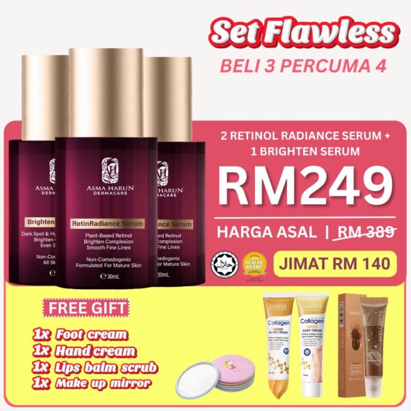 2 Retinol + 1 Brighten serum + Free 1 Foot cream + Free 1 Hand cream + Free 1 Lips balm scrub + Free 1 Mirror