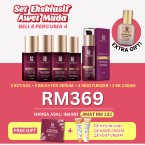 2 Retinol + 2 Brighten serum + 1 Moisturizer + 1 BB cream + Free 1 Hydra soap + Free 1 Hand cream + Free 1 Foot cream