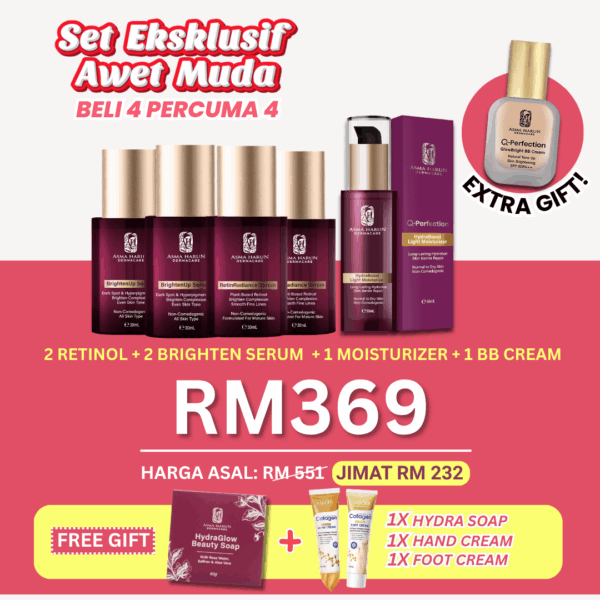 2 Retinol + 2 Brighten serum + 1 Moisturizer + 1 BB cream + Free 1 Hydra soap + Free 1 Hand cream + Free 1 Foot cream